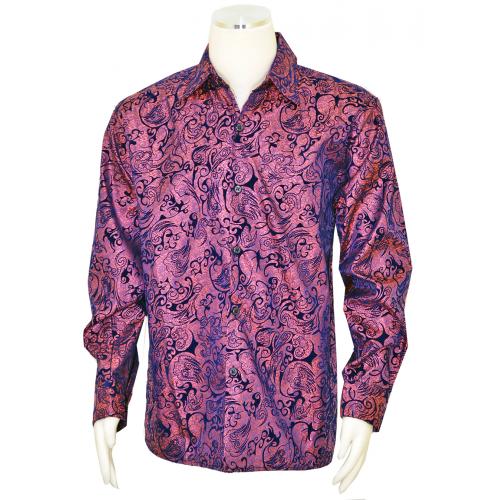 Pronti Salmon Pink / Navy Blue Abstract Design Velvet Accented Long Sleeve Shirt S6258
